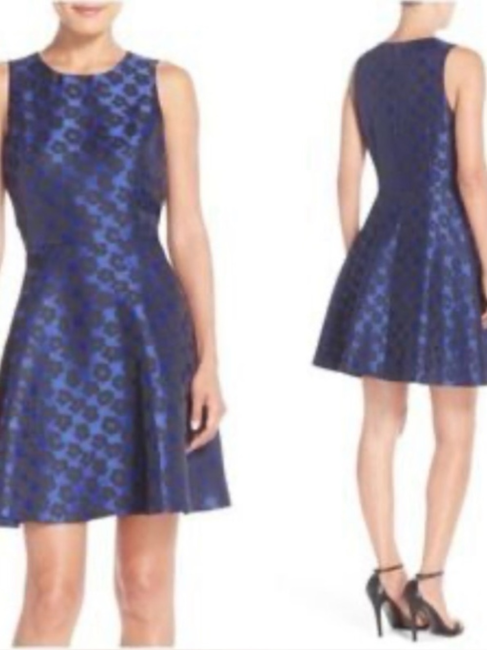 CeCe Fit & Flare Retro Floral Sleeveless Cocktail Dress Black Navy Blue size 6